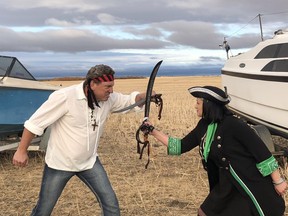 Amy Nelson (right) and Brad Johner (left) on set for shooting the music video for Nelson's new version of The Last Saskatchewan Pirate.
