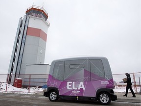 An electric autonomous vehicle (ELA) parked at Blatchford Tower, 29 Airport Rd., in Edmonton on Tuesday, Oct. 9, 2018. ELA is part of a pilot project which began Tuesday and continues until Nov. 4 that will give Edmontonians a chance to ride in a driverless shuttle.