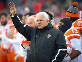 B.C. Lions head coach Wally Buono, shown during an Oct. 13 pre-game tribute at Calgary's McMahon Stadium, is to make what could be his final appearance at Mosaic Stadium on Saturday.