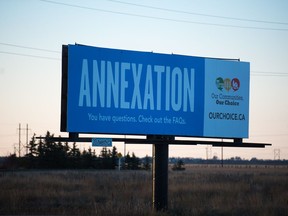 REGINA, SASK : October 6, 2018  -- A billboard urges motorists to check out frequently asked questions regarding annexation on the north side of highway one, just east of Regina. BRANDON HARDER/ Regina Leader-Post