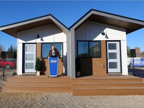 David Howard, Co-founder and President to the Homes For Heroes Foundation, speaks at the unveiling of the first of the tiny homes built for the Homes for Heroes project at ATCO on Monday October 22, 2018. Gavin Young/Postmedia