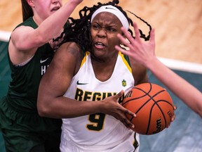 The University of Regina Cougars' Kyanna Giles, who is shown in this file photo, was named a Canada West first star of the week Tuesday.