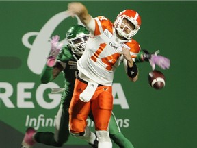 The Saskatchewan Roughriders' Willie Jefferson, shown forcing a fumble by the B.C. Lions' Travis Lulay on Saturday, should be named the CFL team's most outstanding player for 2018 — or so says columnist Rob Vanstone.