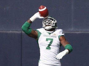 The Saskatchewan Roughriders' Willie Jefferson celebrates an interception-return touchdown Sept. 8 against the Winnipeg Blue Bombers.