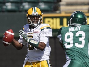 Edmonton Eskimos quarterback Kevin Glenn, left, is preparing to make his first visit to Mosaic Stadium since 2017, when he was the Saskatchewan Roughriders' starting quarterback.