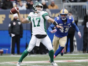 Zach Collaros, 17, and the Roughriders' offence had a miserable outing Saturday in Winnipeg.