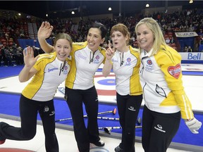 Jennifer Jones and Team Manitoba celebrate winning the gold-medal game over Team Alberta at the Scotties Tournament of Hearts at Mosaic Place in 2015. The event is returning to Moose Jaw in 2020.