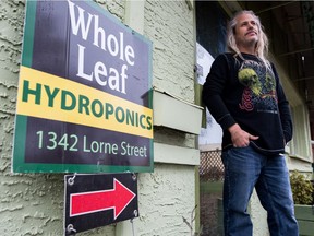 REGINA, SASK : October 12, 2018  -- Darin Wheatley, owner of Whole Leaf Healing Tree Hydroponics Equipment and Supplies, stands in front of his store on Lorne Street. BRANDON HARDER/ Regina Leader-Post