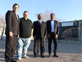 From left, Islamic Association of Saskatchewan (Regina) past president Faisal Khan, Pump Roadhouse owner Mark Smith, IAOS vice president Mohammed Salim and current president Munir Haque in front of the Pump Roadhouse on Victoria Avenue.