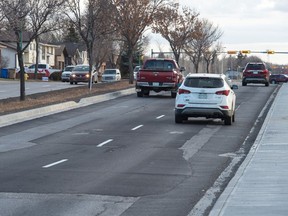 Motorists encounter less than ideal road surfacing while travelling southbound along McCarthy Boulevard between Dalgliesh Drive and 9th Avenue North.