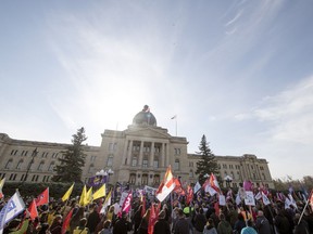 Labour groups rallied outside the Legislative Building in Regina on Oct. 25, 2018.