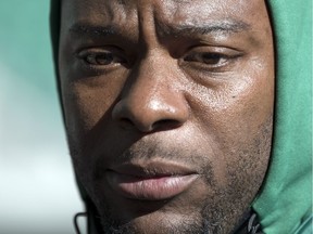 Saskatchewan Roughriders defensive lineman Charleston Hughes speaks to the media after practice at Mosaic Stadium in Regina. TROY FLEECE / Regina Leader-Post