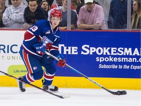 The Spokane Chiefs' Riley Woods, shown in this file photo, had two assists Wednesday against the Regina Pats — his former team — at the Brandt Centre.