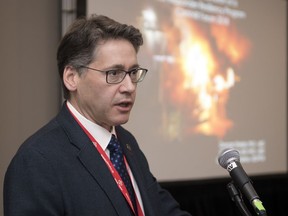 Adjunct professor in the Faculty of Medicine at the University of British Columbia, Duncan Shields, gives a talk titled "Design and Evaluation of a First Responder Resiliency Program, at the Canadian Institute for Military and Veteran Health Research Forum at the Delta Hotel in Regina.