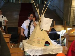 A model teepee resembling the central teepee at the Justice For Our Stolen Children camp was delivered to the Saskatchewan Legislative Building on Wednesday.