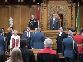 Lt.-Gov. Thomas Molloy delivers the throne speech at the opening of the third session of the 28th Legislature in Regina on Oct. 24, 2018.