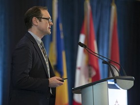 James MacKillop, co-director of the Michael G. DeGroote Centre for Medicinal Cannabis Research in Hamilton, Ont., speaks at the Canadian Institute for Military and Veteran Health Research forum at the Delta Hotel in Regina.