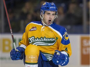Saskatoon Blades defenceman Dawson Davidson celebrates a goal against the Swift Current Broncos during the first period of WHL action at SaskTel Centre in Saskatoon on September 22, 2018.
