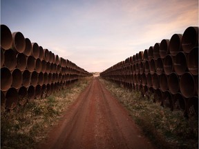GASCOYNE, ND - OCTOBER 14: Miles of unused pipe, prepared for the proposed Keystone XL pipeline, sit in a lot on October 14, 2014 outside Gascoyne, North Dakota.