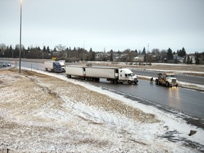 The Regina Police Service blocked southbound Ring Road between Victoria Avenue and Arcola Avenue as tow trucks got tractor trailer units unstuck in Regina.
