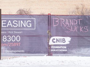 Vandals angry with the proposed Brandt/CNIB development in Wascana Park express public frustration with graffiti.