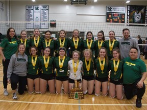 The Campbell Tartans are shown after winning the Saskatchewan High Schools Athletic Association 5A girls volleyball championship Saturday in Saskatoon.