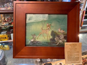 A framed animation drawing from the movie "Bambi" is seen in this undated handout photo. The owner of an Edmonton antique shop is helping out a homeless man who found a valuable Bambi animation drawing in a dumpster. Alexander Archbold of Curiosity Inc. says the man he knew only as Adam had been turned away by a few stores before he showed up in his shop with the artwork in September.THE CANADIAN PRESS/HO, Alexander Archbold, Curiosity Inc. *MANDATORY CREDIT*
