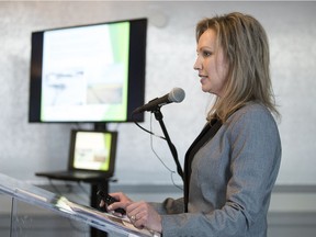 Kirsten Marcia,  President and CEO of DEEP Earth Energy Production Corp., speaks at an announcement at The Hotel Saskatchewan in Regina.