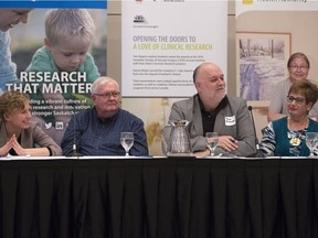 Family physician Dr. Megan Clark, from left, patient advisor Ray Van Dusen,  University of Regina researcher, Dr. Tom McIntosh, and former health news reporter Pamela Cowan partake in the panel discussion entitled "Fake News - The challenge is real: How can we help patients find the facts?". This was part of the Saskatchewan Health Authority (SHA) 12th Annual Research Showcase held at the Delta Hotel in Regina.