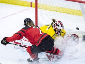 Canada forward Laura Stacey scores a shorthanded goal on Sweden goaltender Lovisa Selander during first period of 2018 Four Nations Cup preliminary game in Saskatoon, Tuesday, November 6, 2018.