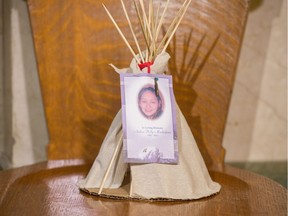 A miniature teepee, featuring an image Nadine Machiskinic, sits on a chair at the Saskatchewan Legislative Building. The teepee was brought there by Delores Stevenson, Machiskinic's aunt.