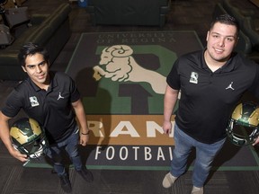 Mexican-born football players Aldo Galvan, left, and Steven Zambrano are members of the University of Regina Rams program.