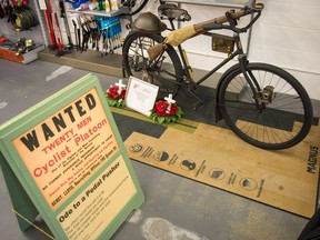 A military bicycle sits on display at Western Cycle on 8th Avenue. The bicycle was likely among those used by the Canadian Corps Cyclist Battalion in the First World War.