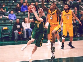University of Regina Cougars guard Benjamin Hillis, shown driving to the basket Saturday against the visiting University of Manitoba Bisons, hit the game-winning basket with 12 seconds left to cap Regina's rally from fourth-quarter deficits of 11 and nine points.