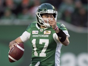 Zach Collaros is shown quarterbacking the Saskatchewan Roughriders against the B.C. Lions on Oct. 27, which may very well have been his final game with the Green and White.