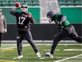 Roughriders quarterback Zach Collaros throws a pass during Friday's practice at Mosaic Stadium.