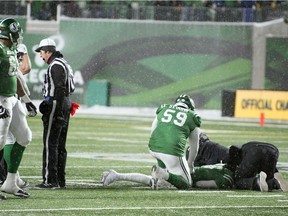 Roughriders quarterback Brandon Bridge was flattened by a fourth-quarter hit to the head Sunday against the Winnipeg Blue Bombers. A penalty was not called on the play.