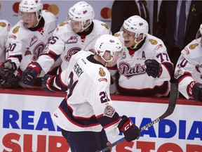 REGINA, SASK :  May 23, 2018  --  Host Regina Pats forward Nick Henry (21) celebrates a second period goal during the 100th anniversary of the Memorial Cup at the Brandt Centre in Regina. TROY FLEECE / Regina Leader-Post