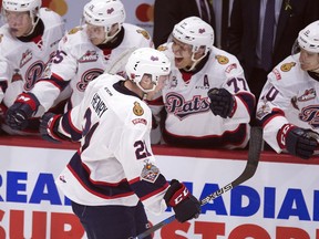 Nick Henry, shown celebrating a goal during the 2018 Memorial Cup at the Brandt Centre, was traded to the Lethbridge Hurricanes as part of a major WHL deal Thursday.