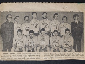 Regina Leader-Post photo of the 1967-68 Regina Campus Cougars men's basketball team, which played an exhibition schedule that season before launching inter-varsity play for the 1968-69 campaign. Standing (left to right): Stan Fisher (head coach), John Schepers, Garry Korven, Brian Welsh, Richard Reach, Vic Grudner, Les Robinson and Bob Trickett (manager). Front row (left to right): Bernie Brandt, Casper de Jong, Don Turnbull, Stan Metcalfe and Eric Rice.