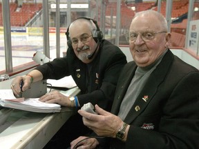 Regina Pats off-ice officials Gary Renner, left, and Bill White are shown at the Brandt Centre prior to a Western Hockey League game in 2008. White and Renner were both volunteers for 40-plus years.