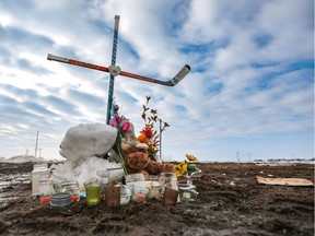 A roadside memorial at the site of the Humboldt Broncos team bus crash north of Tisdale.