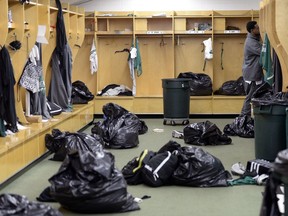 REGINA,Sk: NOVEMBER 9, 2015 -- Monday was "Garbage Bag Day" for the Saskatchewan Roughriders as they cleaned out their lockers at Mosaic Stadium November 9, 2015. .  BRYAN SCHLOSSER/Regina Leader-Post