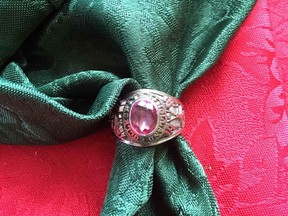 A college graduation ring is shown in this undated handout photo. A Calgary man has been reunited with his P.E.I. college graduation ring after it was lost over 20 years ago. Wayne Stewart was contacted earlier this week by a Holland College representative saying someone had found his ring.