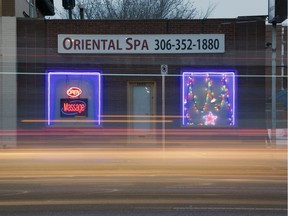 A slow shutter speed was used to capture the lights of the Oriental Spa on the 1800 block Broad Street in Regina.