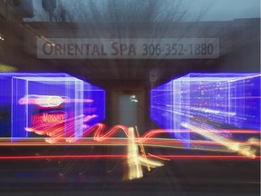 A slow shutter speed was used to capture the lights of the Oriental Spa on the 1800 block Broad Street in Regina on Dec. 18, 2018.