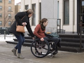 Paralympian Miranda Biletski arrives at  the Saskatchewan Court of Appeal on Monday. The University of Regina is appealing the jury's $9-million award and finding that the U of R was solely responsible for a swimming pool accident that left Biletski a quadriplegic in 2005.