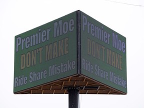 REGINA, SASK :  November 26, 2018  --   A digital billboard on the southeast corner of Saskatchewan Drive and Elphinstone Street a digital billboard urges for Premier Moe to stop ride-sharing services like Uber and Lyft to operate in the province.  TROY FLEECE / Regina Leader-Post