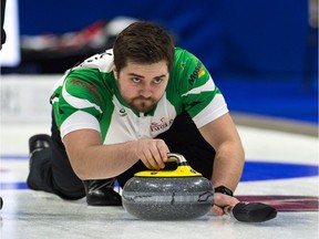 Matt Dunstone, shown curling for Saskatchewan at the 2018 Brier, skipped his Regina-based team to victory at the Curling World Cup in Sweden.