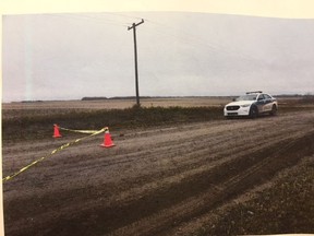 Court exhibit photo of the rural road southwest of Saskatoon in the RM of Corman Park where Dong's body was found on Oct. 23, 2016.